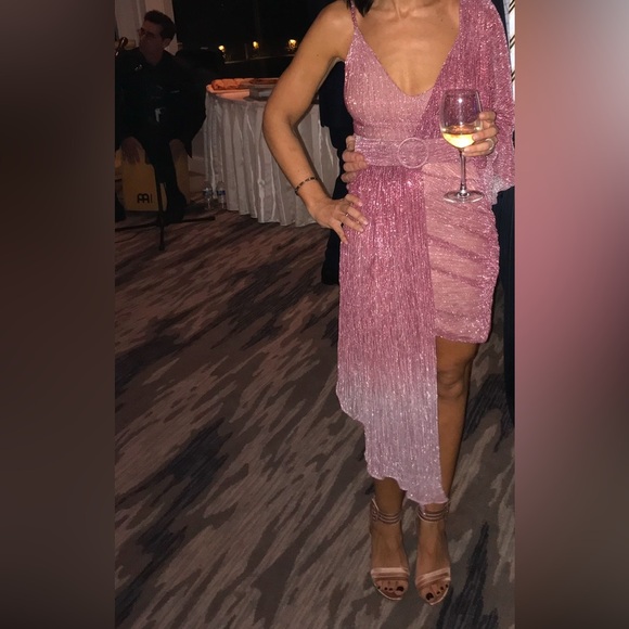 PatBO Metallic Ombré one-shoulder belted mini dress. - Picture 4 of 5